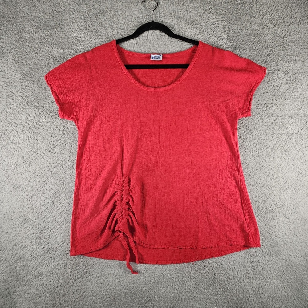 Oh My Gauze Top Women 1/Small Red Cinched Front Cotton SS Lounge Flowy Lagenlook